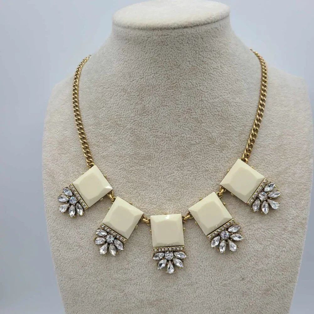 J Crew Ivory Clear Crystal Square Statement Necklace